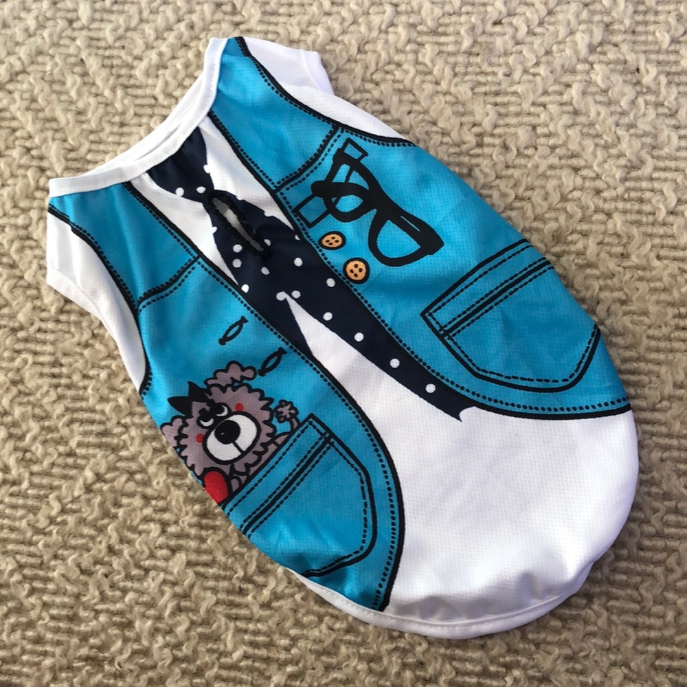 Aqua Blue printed vest and tie with glasses lightweight polyester Dog shirt